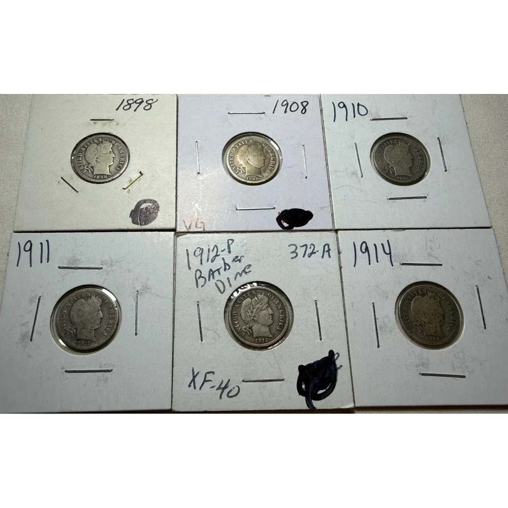 6pc Barber Dime Lot 1898 1908 1910 1911 1912-P 1914 US Silver Coins 90% Silver
